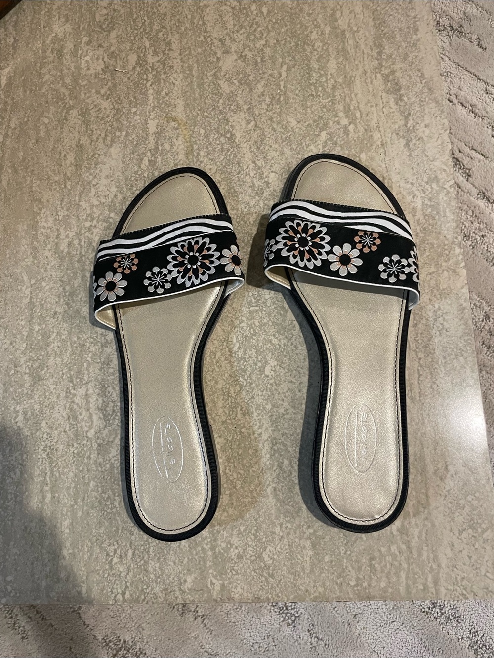 Talbots Black and White Floral Slide Sandals with Cream Footbed